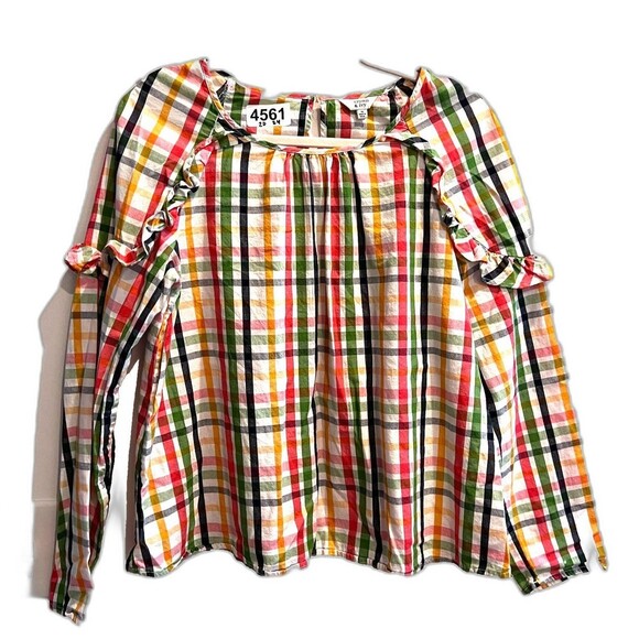 Crown & Ivy Multicolor Blouse M Picnic Highland Holiday Ruffle Long Sleeve Check - Picture 1 of 7
